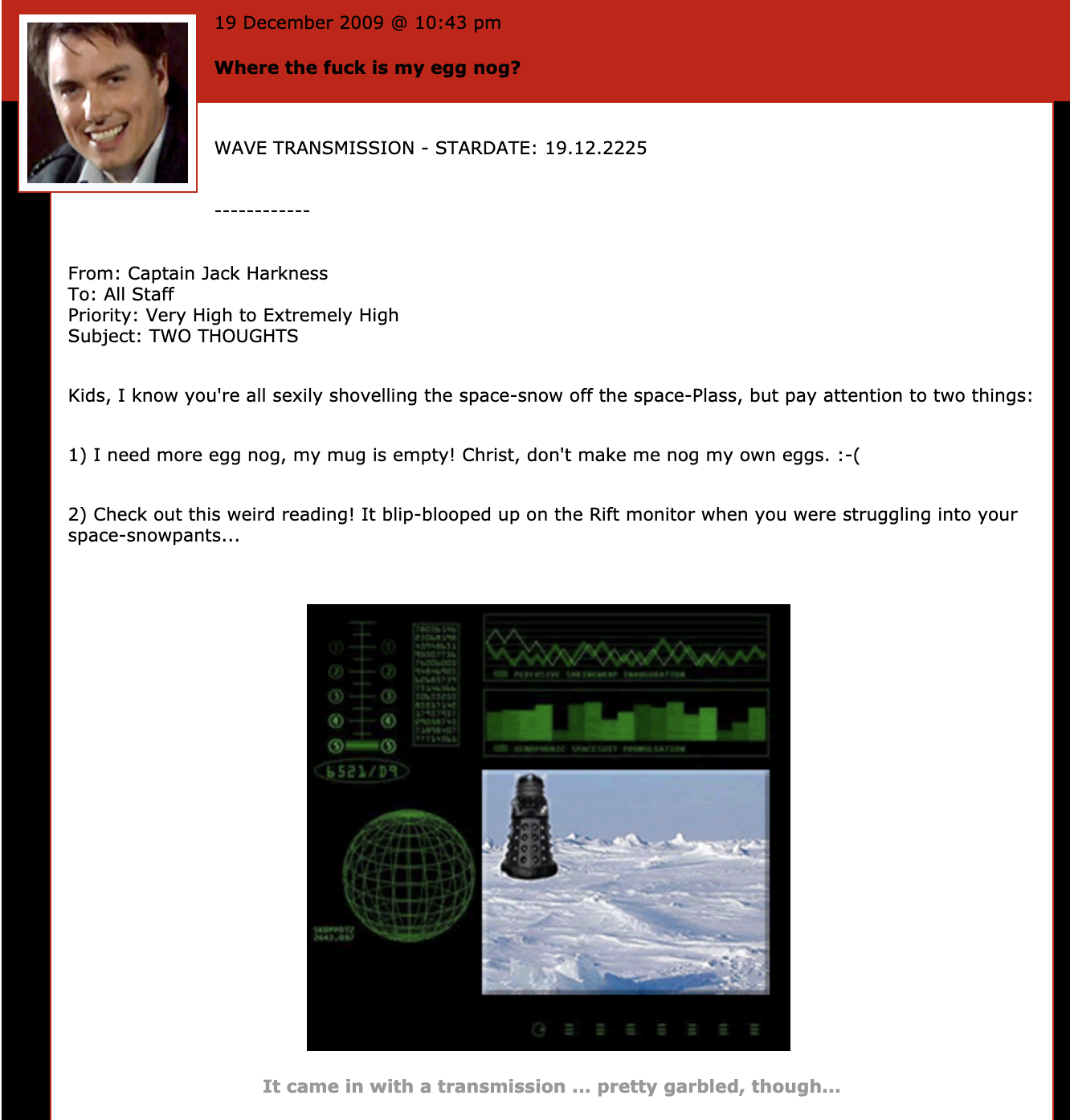 A blog post on LJ from Captain Jack Harness lamenting his lack of egg nog.