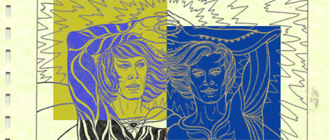 Kirk and Spock standing together with their hands interlocked.