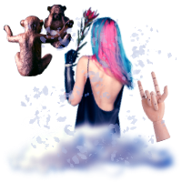 A person with blue and pink hair floats out of a cloud, she has one prosthetic arm holding a flower. A wooden hand floats nearby making the sign language word for 'love', and there are also two monkey figurines having a conversation, one is blind.