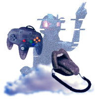 Someone wearing a virtual reality headset floating out of a cloud. An N64 controller and a retro telephone shaped like a mouth float around them.