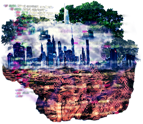 A Utopia, depicted as a city of code and clouds on a floating island.