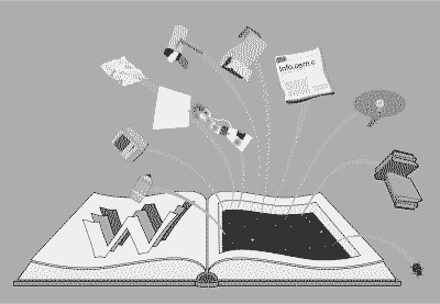 grayscale image of various items magically springing forth from the pages of a book